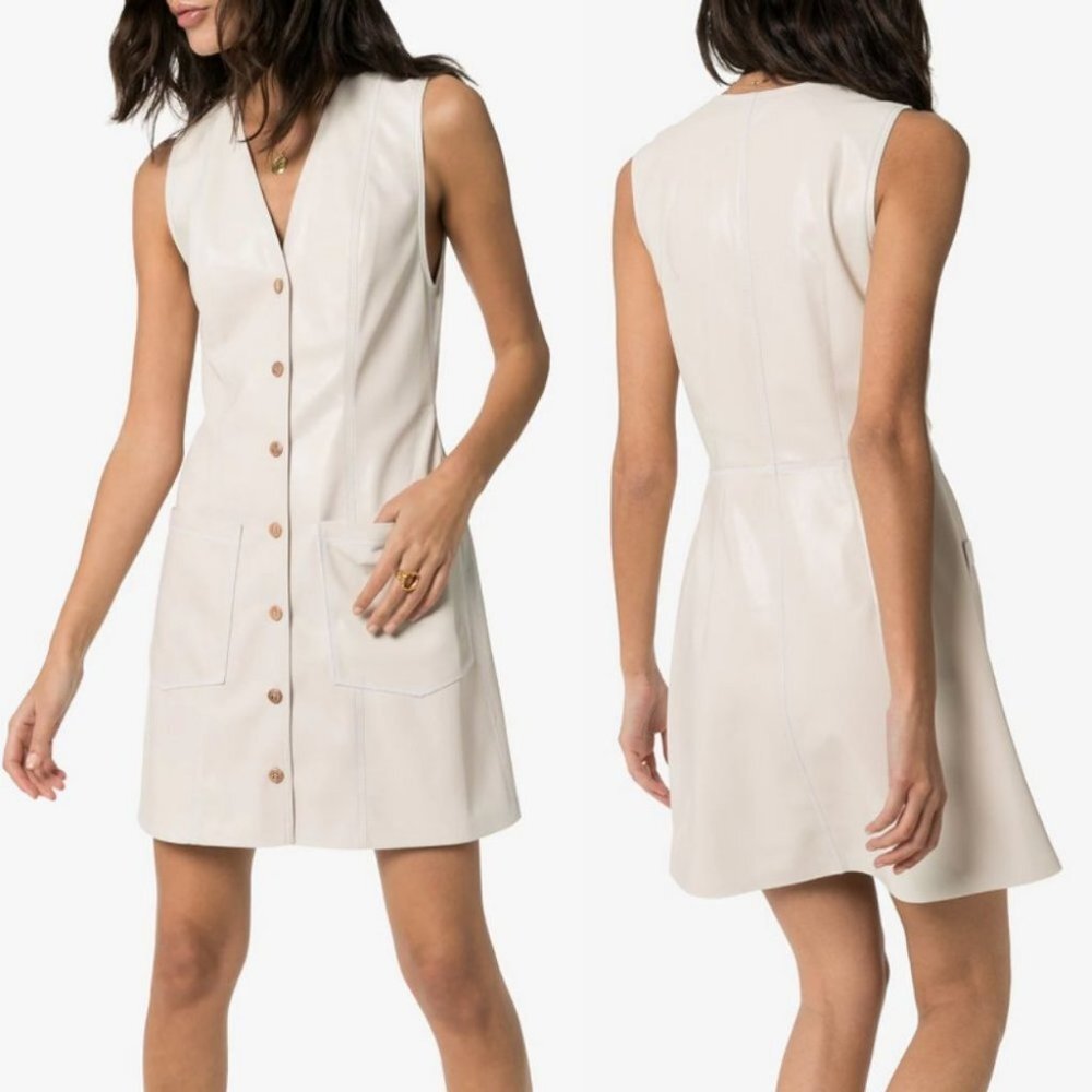 Nanushka Vegan Leather Mini Dress Button Down Size XS Cream Beige Menphi Boho